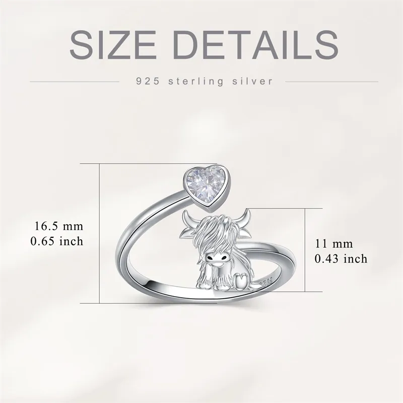 Highland Cow Open Ring 925 Sterling Silver Adjustable Cute Cow Rings Fluffy Highland Cow Ring with Loving Heart Highland Cow Jewelry