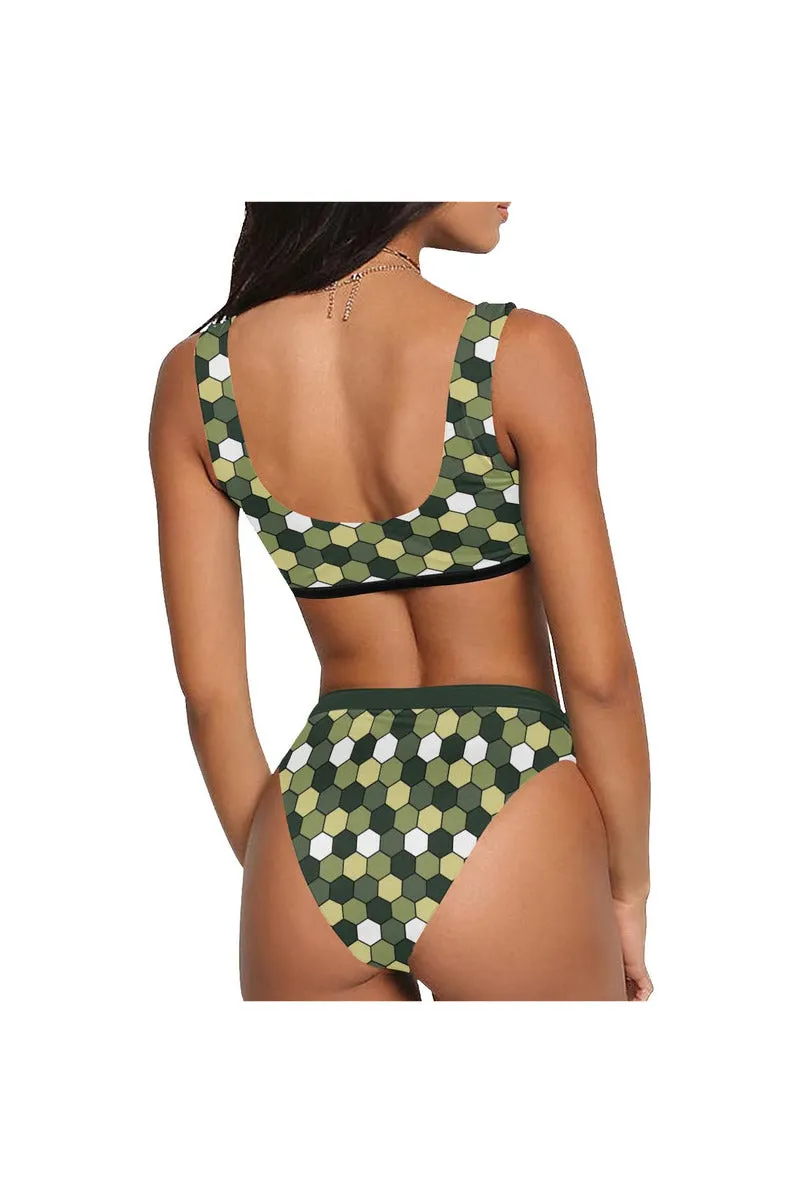 Honeycomb Camouflage Sport Top & High-Waist Bikini Swimsuit