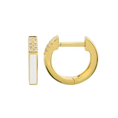 Huggie Hoops with White Enamel & Diamonds