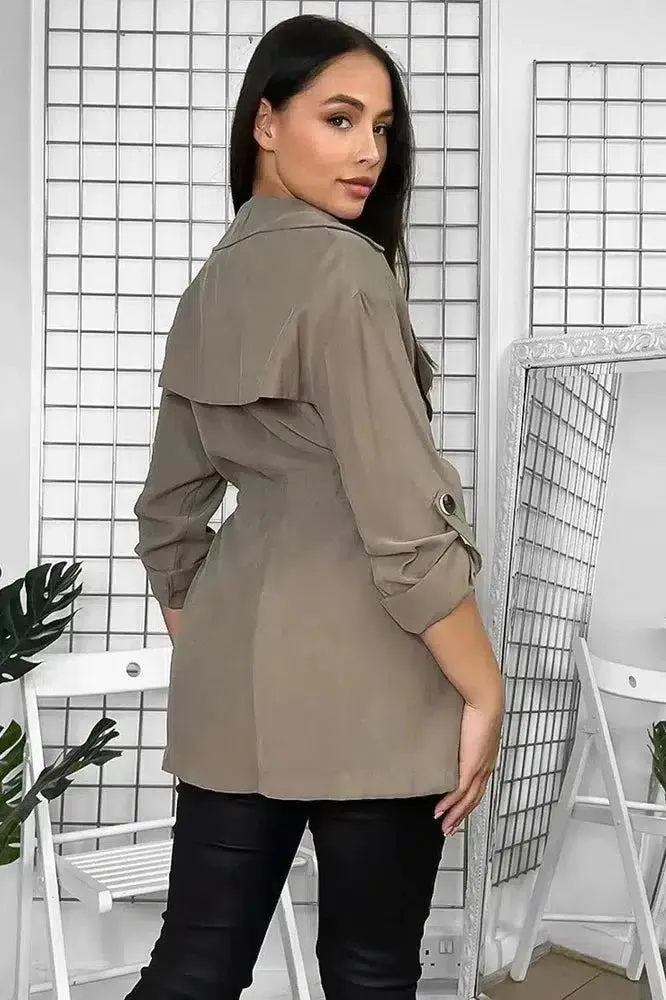 Khaki Drawstring Waist Open Front Duster Blazer