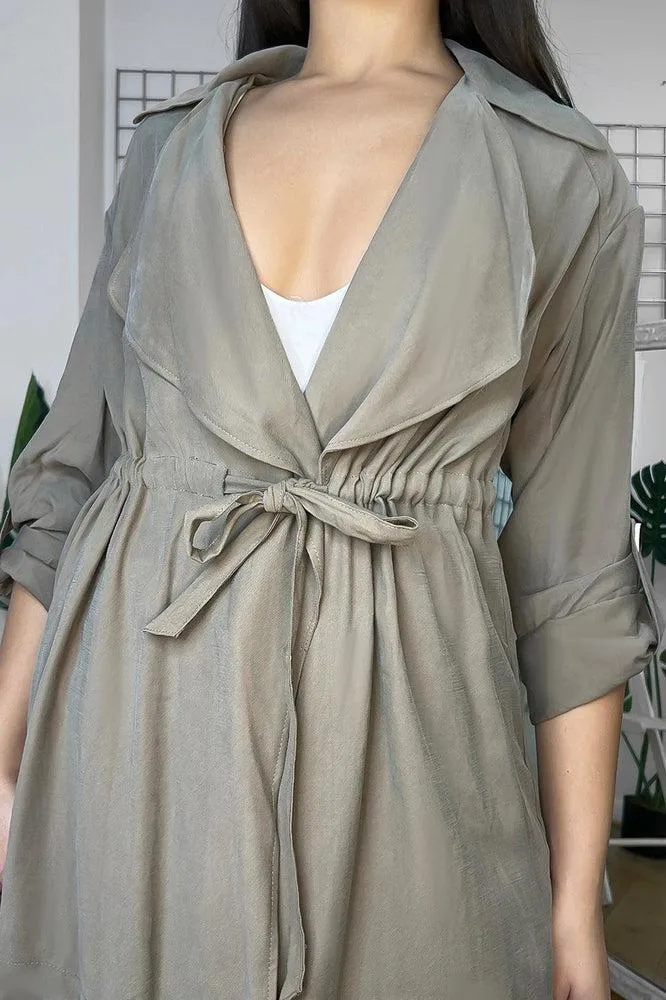 Khaki Drawstring Waist Open Front Duster Blazer