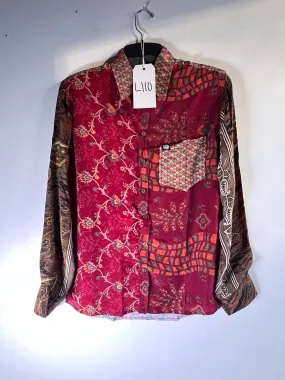 L110 Medium Fire on the Mountain Upcycled Patchwork Sari Silk Button Up