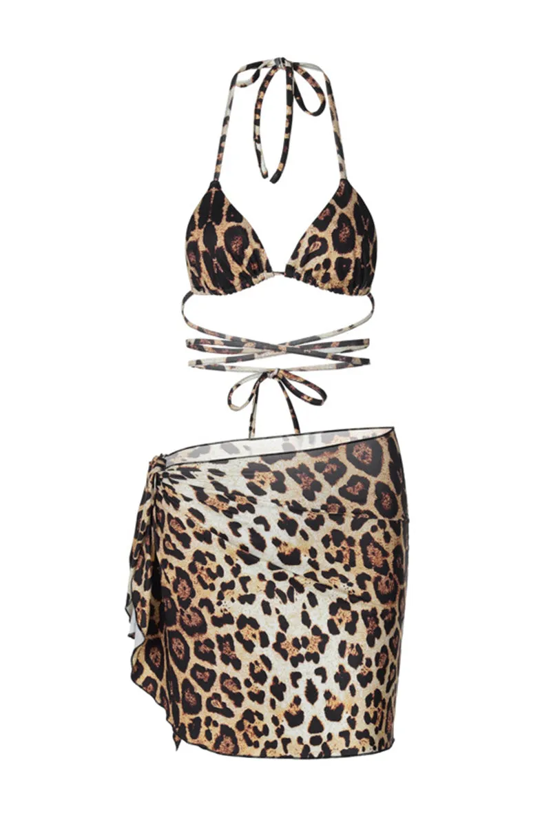 Leopard Lace Up Halter Bikini Top With Skirt