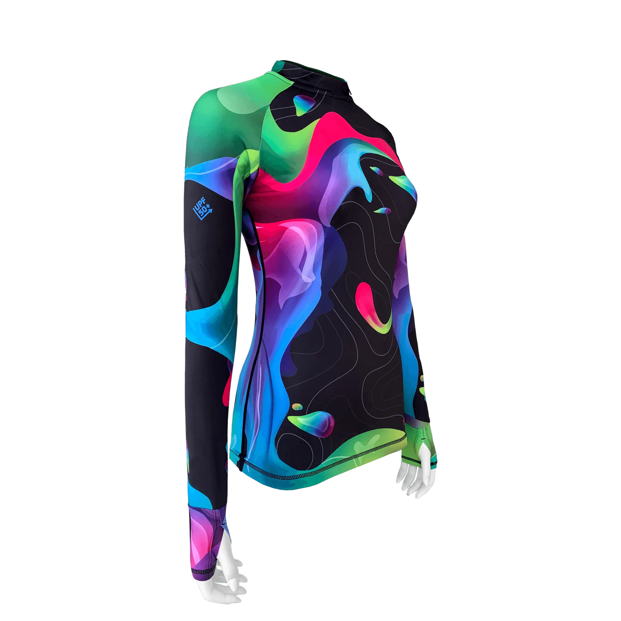 Long Sleeve Rash Guard for Women UPF 50  | Rainbow Black