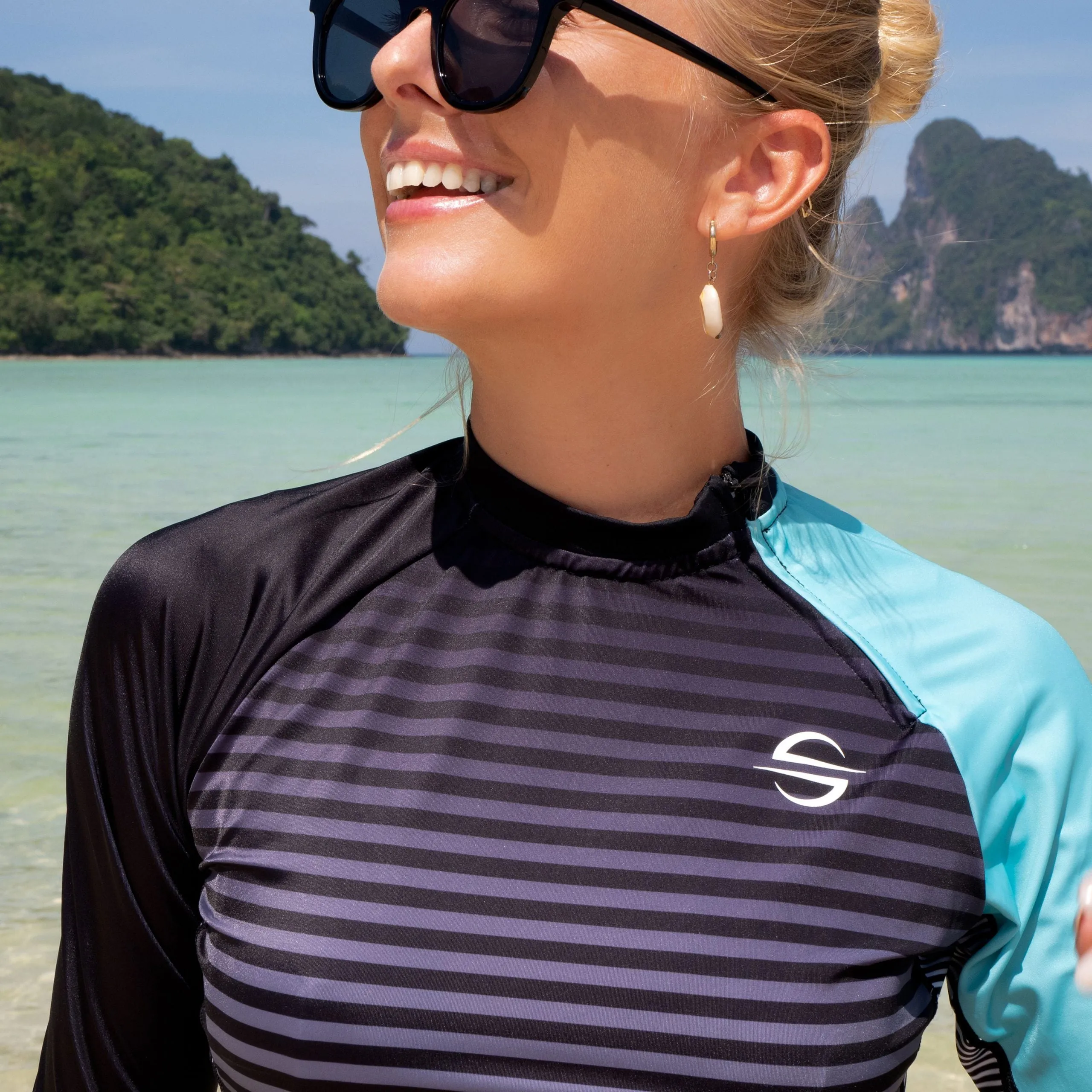 Long Sleeve Swim Shirt for Women UPF 50  | Stripes - Turquoise