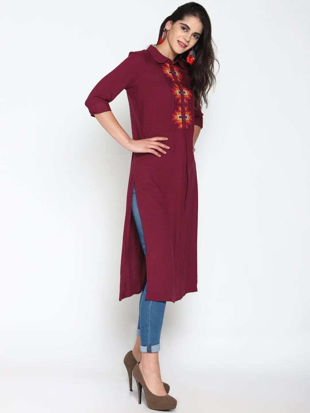 Maroon Embroidered Shirt Kurta