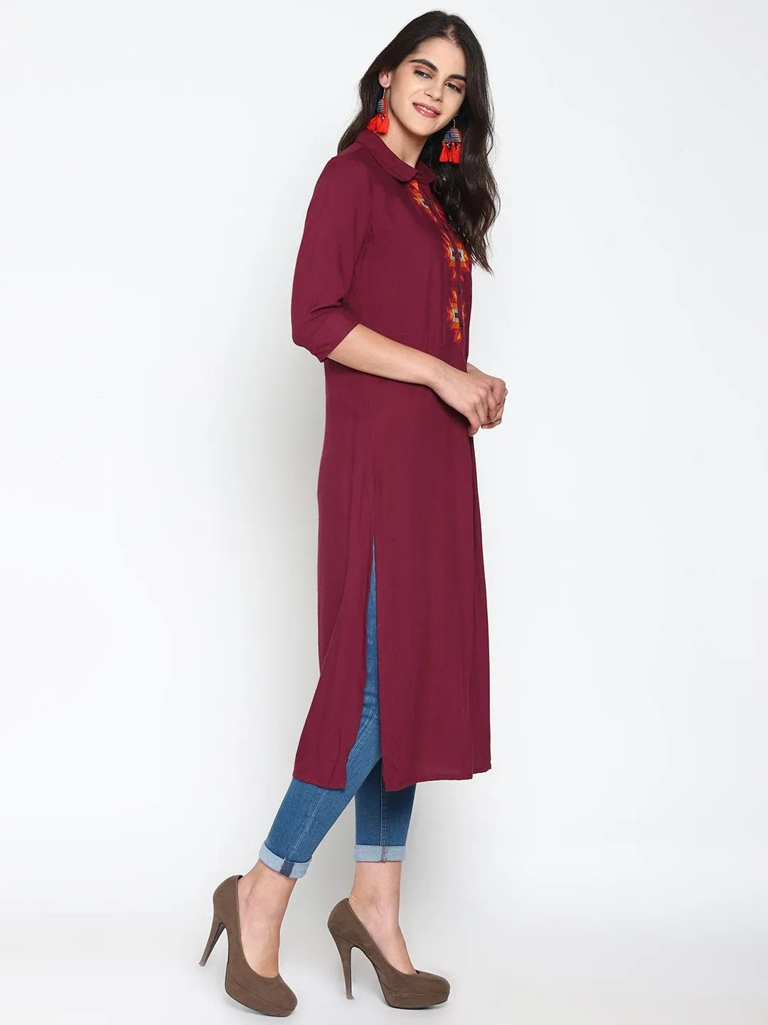 Maroon Embroidered Shirt Kurta