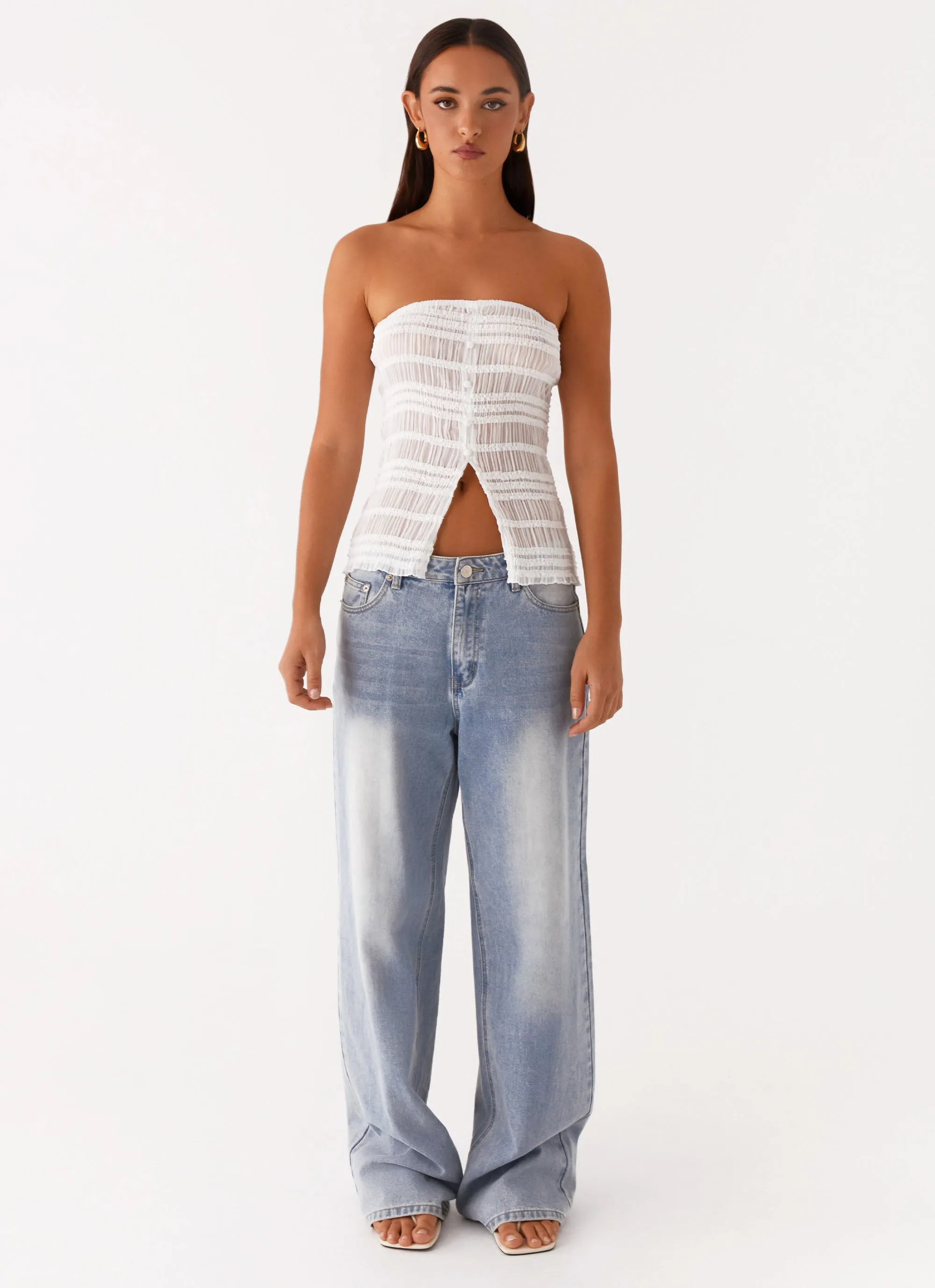 Next Time Shirred Strapless Top - White