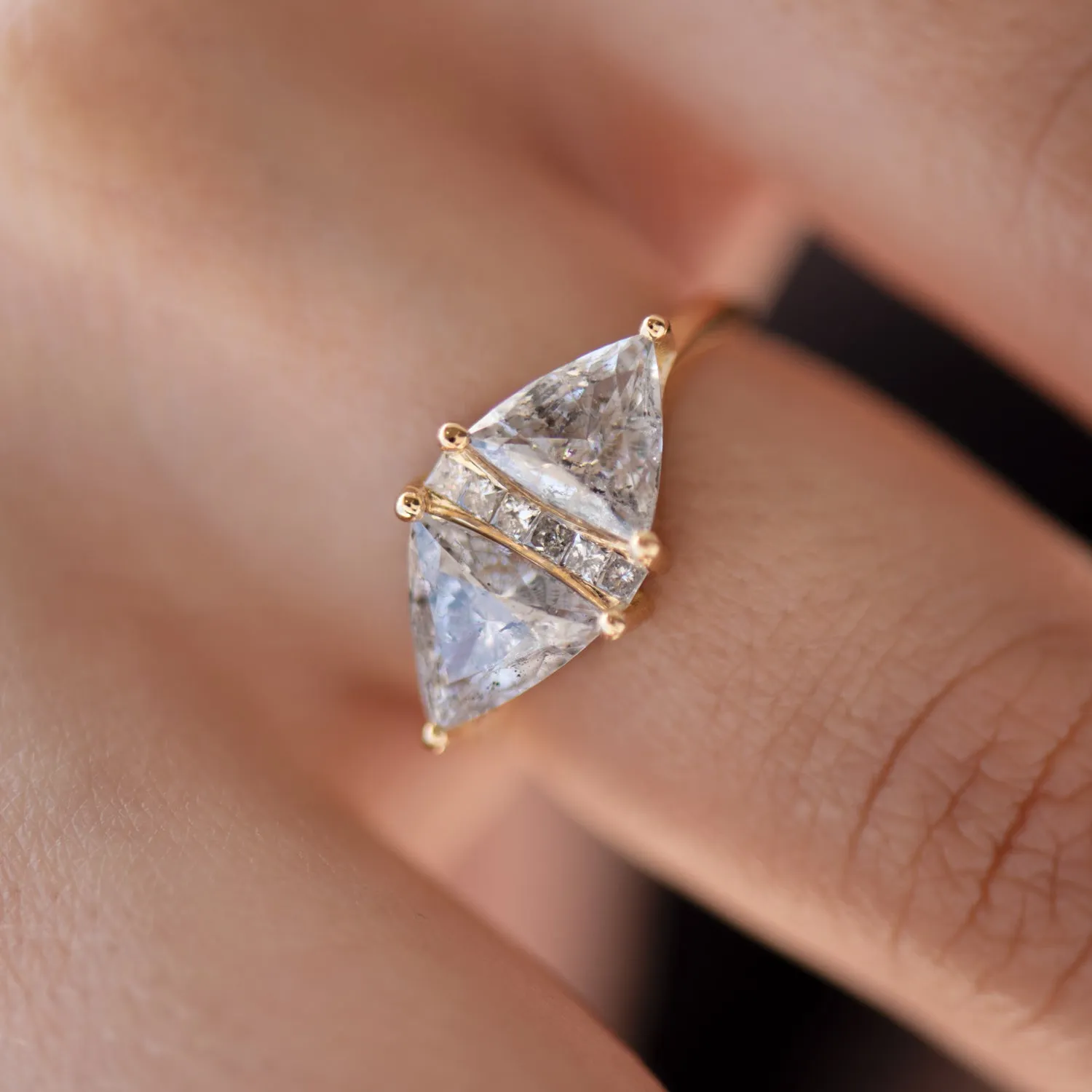 OOAK Rhombus Engagement Ring with Trillion Cut Salt and Pepper Diamonds