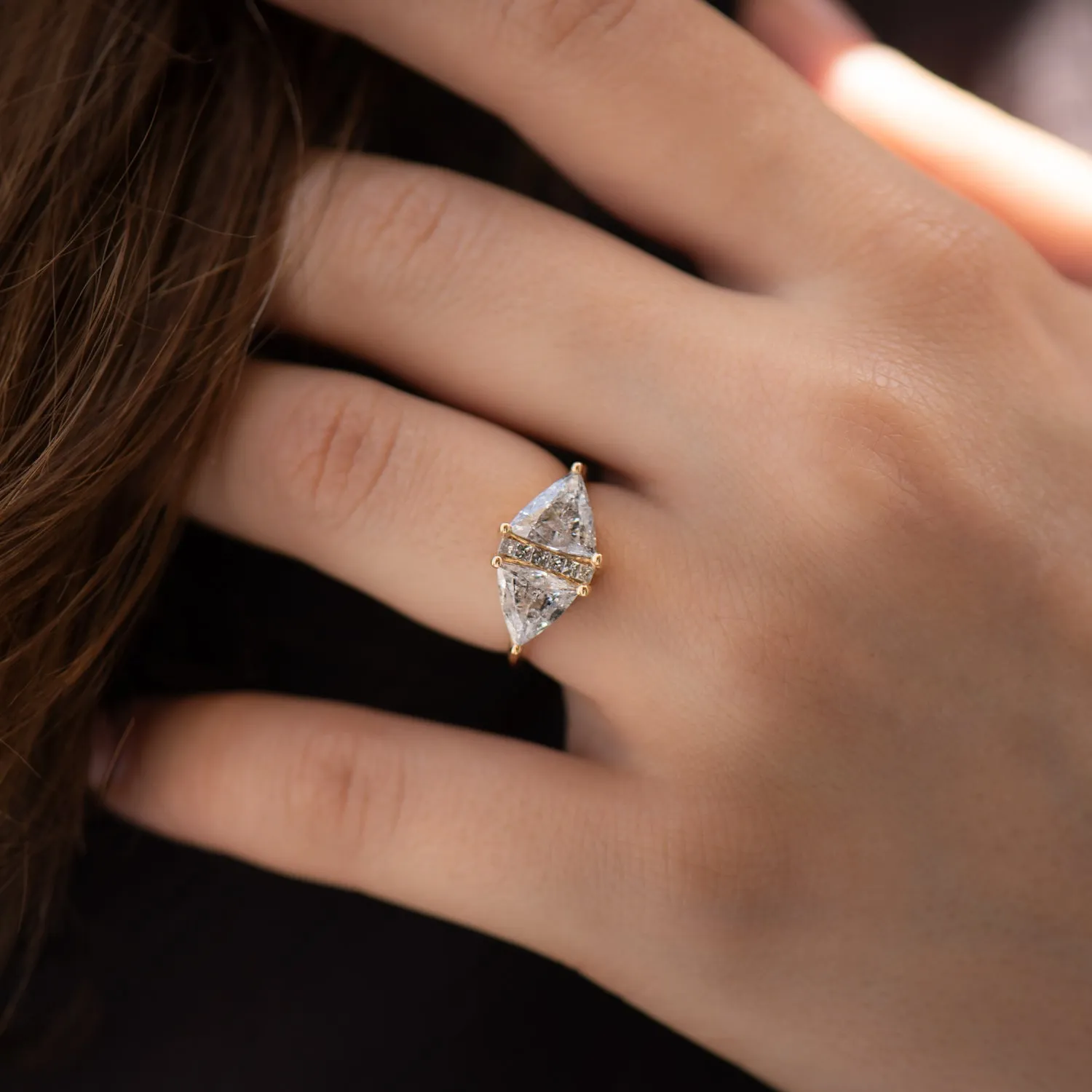 OOAK Rhombus Engagement Ring with Trillion Cut Salt and Pepper Diamonds