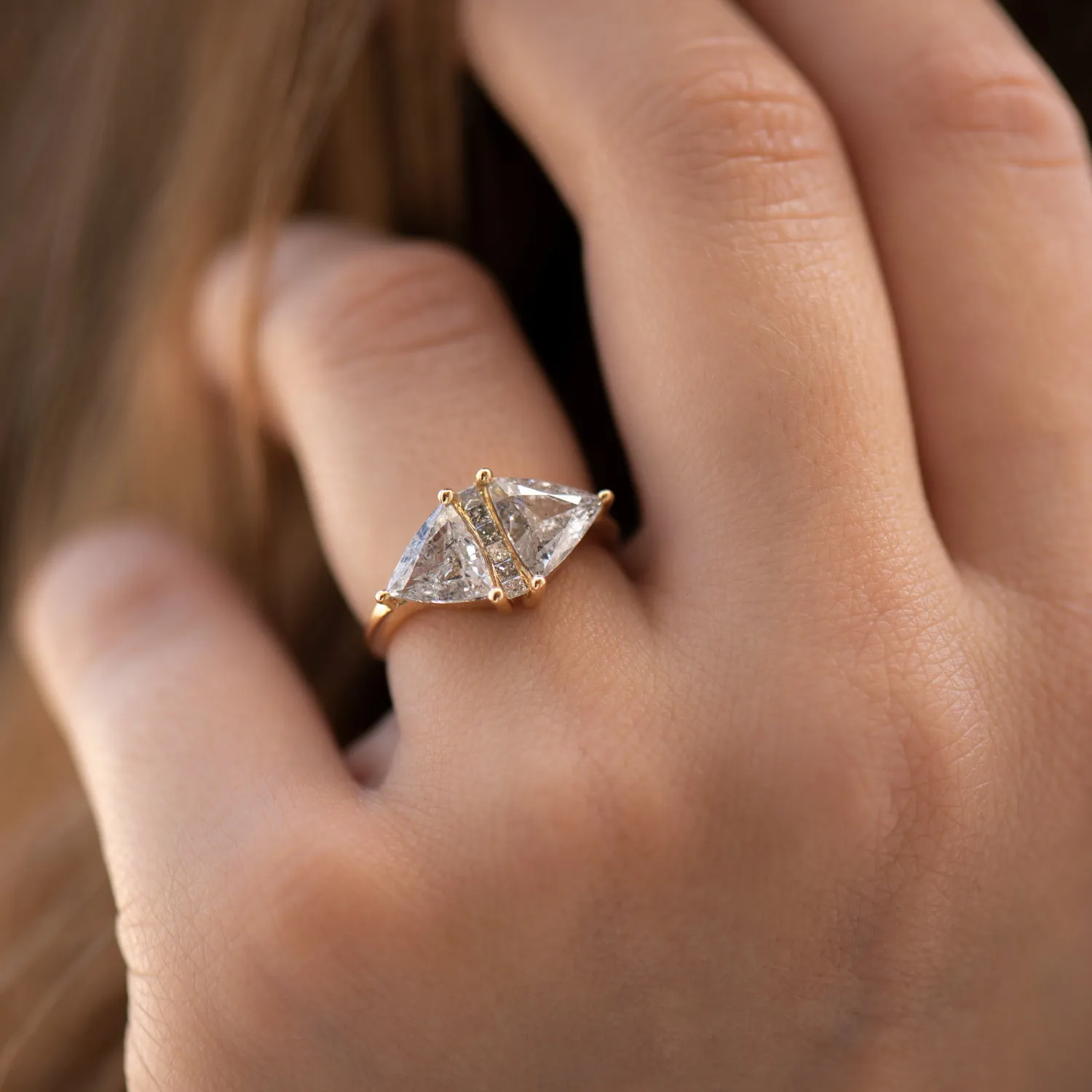 OOAK Rhombus Engagement Ring with Trillion Cut Salt and Pepper Diamonds