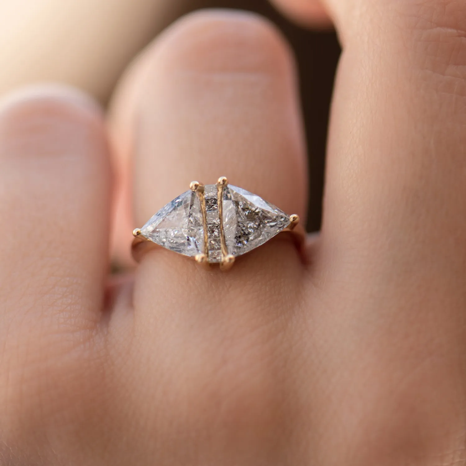 OOAK Rhombus Engagement Ring with Trillion Cut Salt and Pepper Diamonds