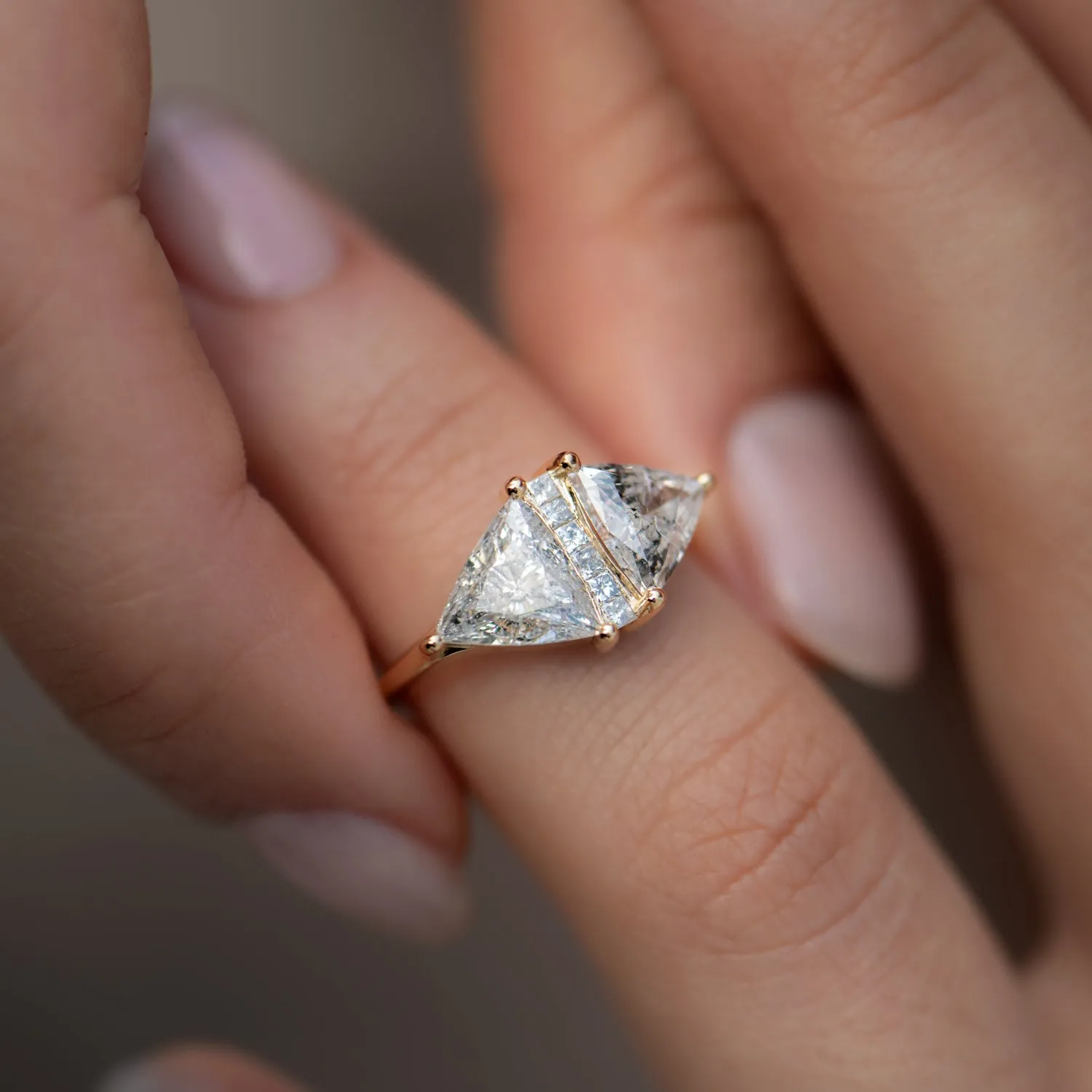 OOAK Rhombus Engagement Ring with Trillion Cut Salt and Pepper Diamonds