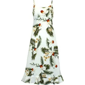 Orchid and Fern Print Spaghetti Strap Summer Floral Print Dress | White and Navy