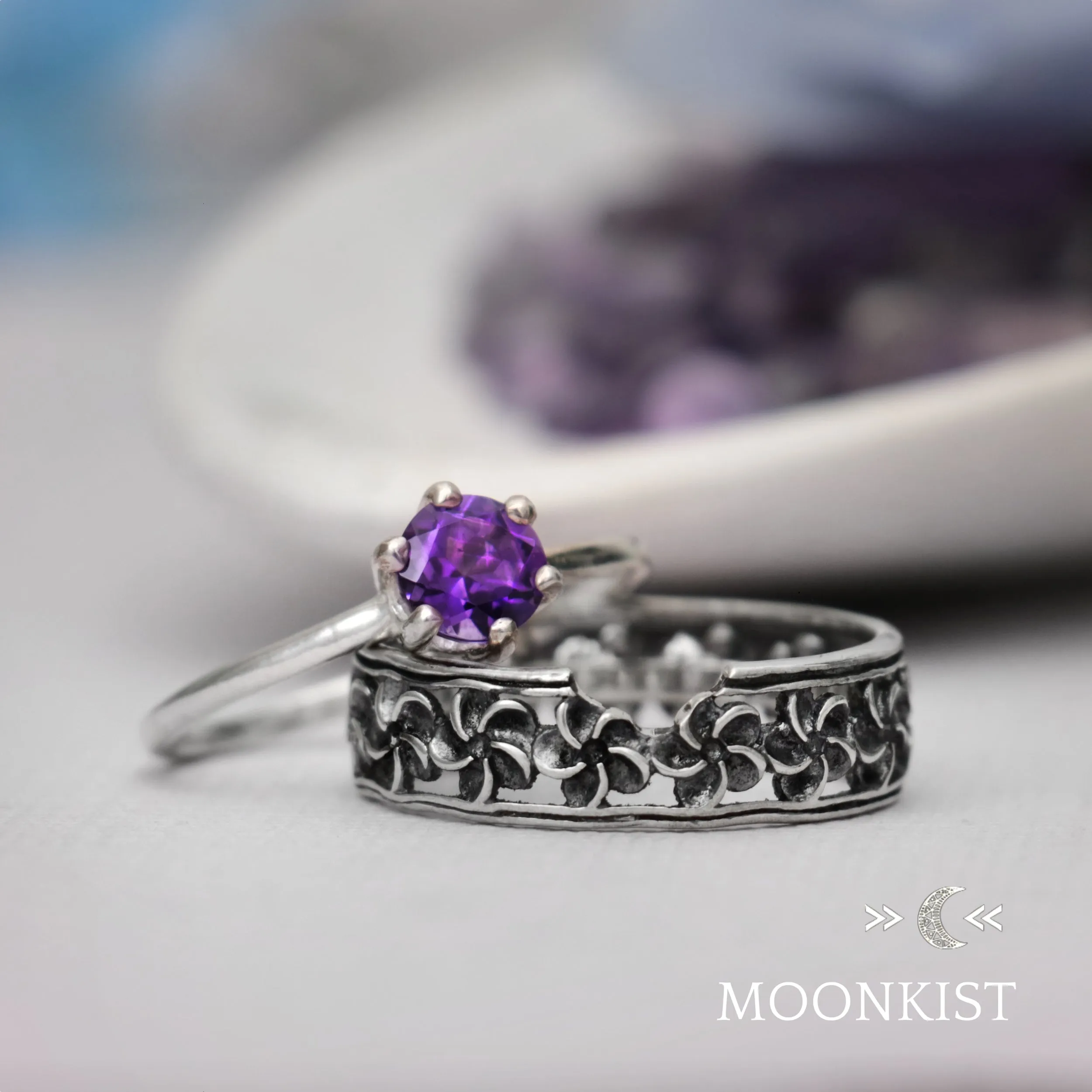 Periwinkle Flower Engagement Ring Set | Moonkist Designs