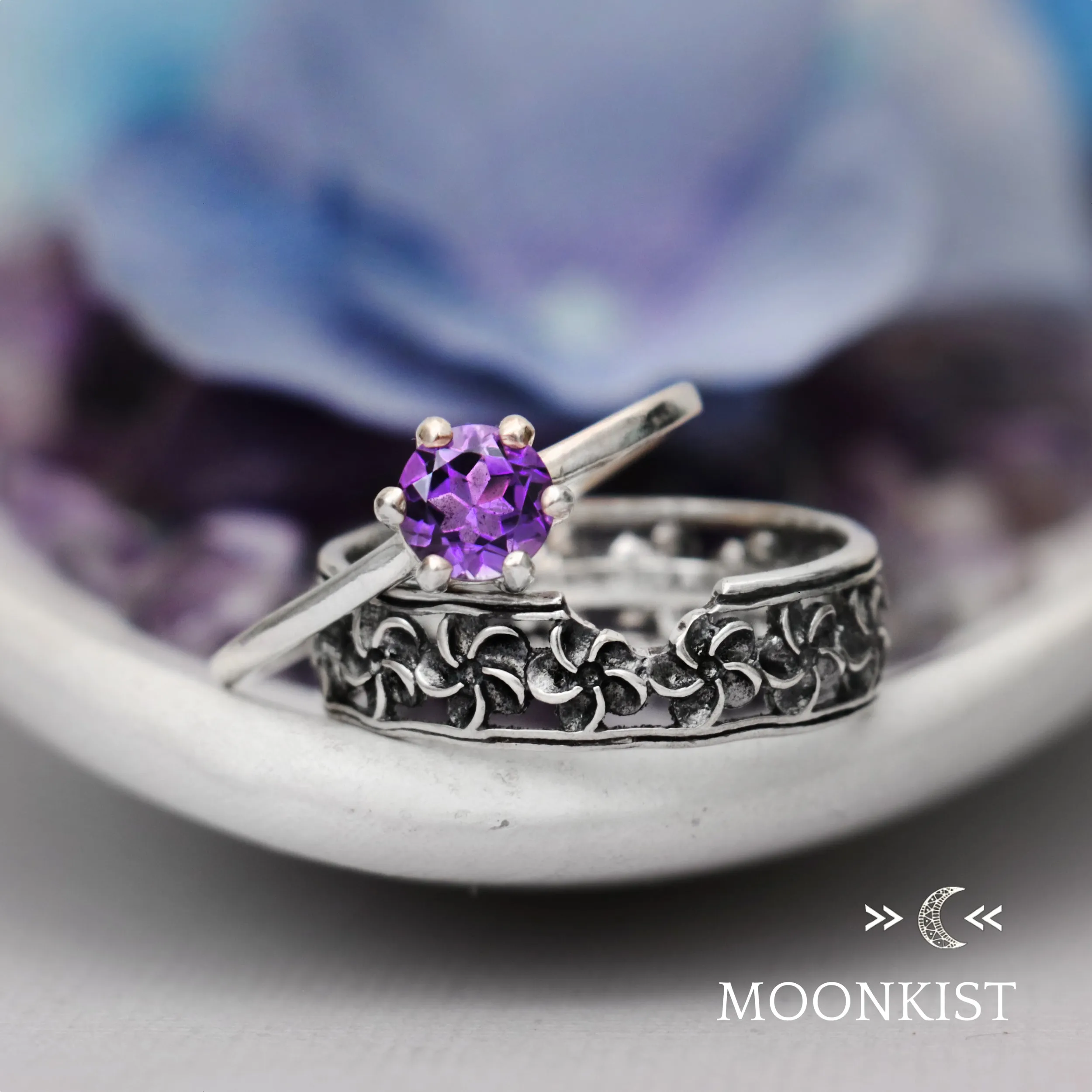 Periwinkle Flower Engagement Ring Set | Moonkist Designs