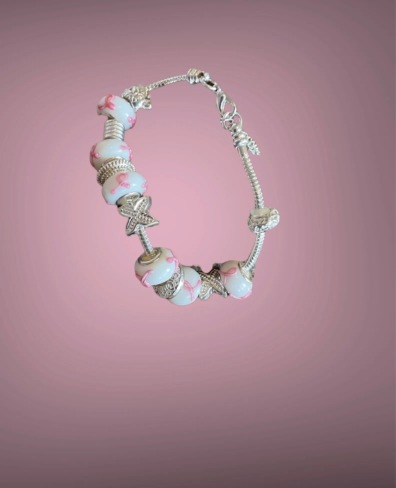 Pink Ribbon Murano Glass Bead Bracelet