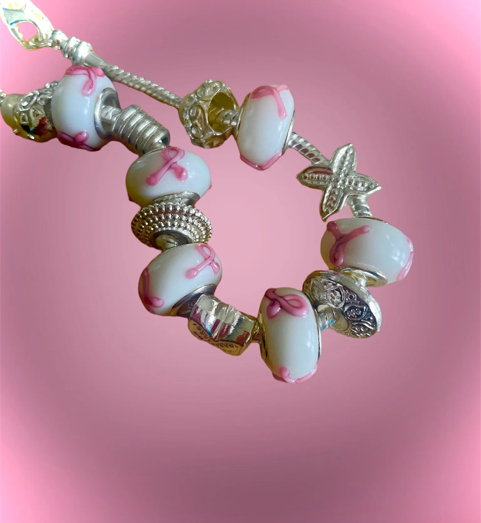 Pink Ribbon Murano Glass Bead Bracelet