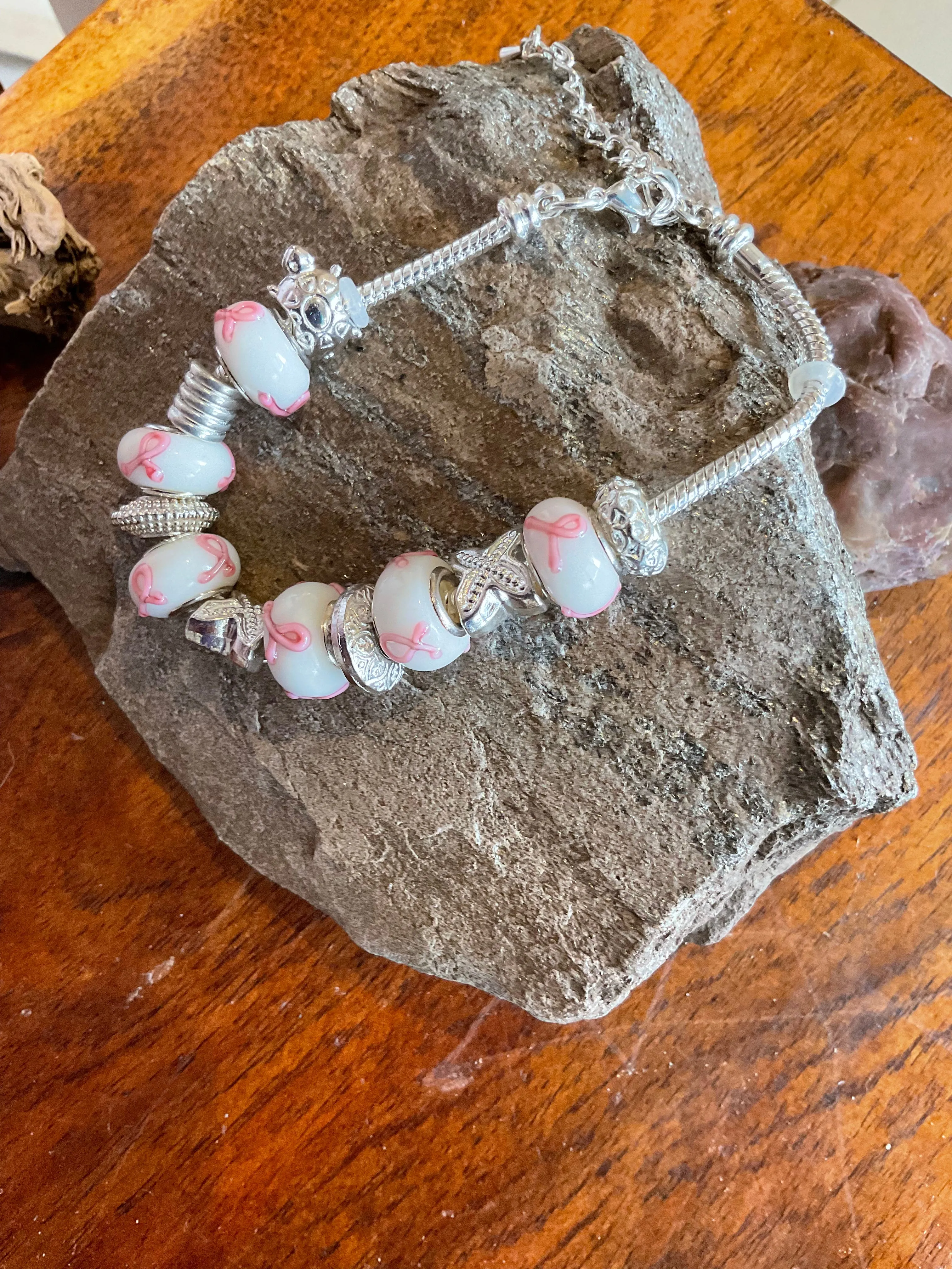 Pink Ribbon Murano Glass Bead Bracelet