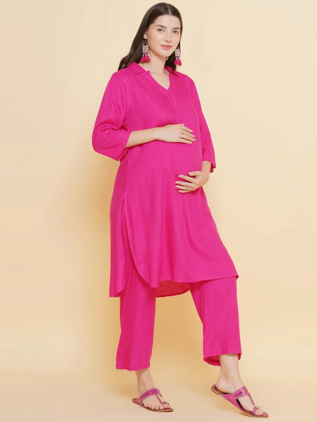 Pink Shirt Collar Maternity & Nursing Kurta Set