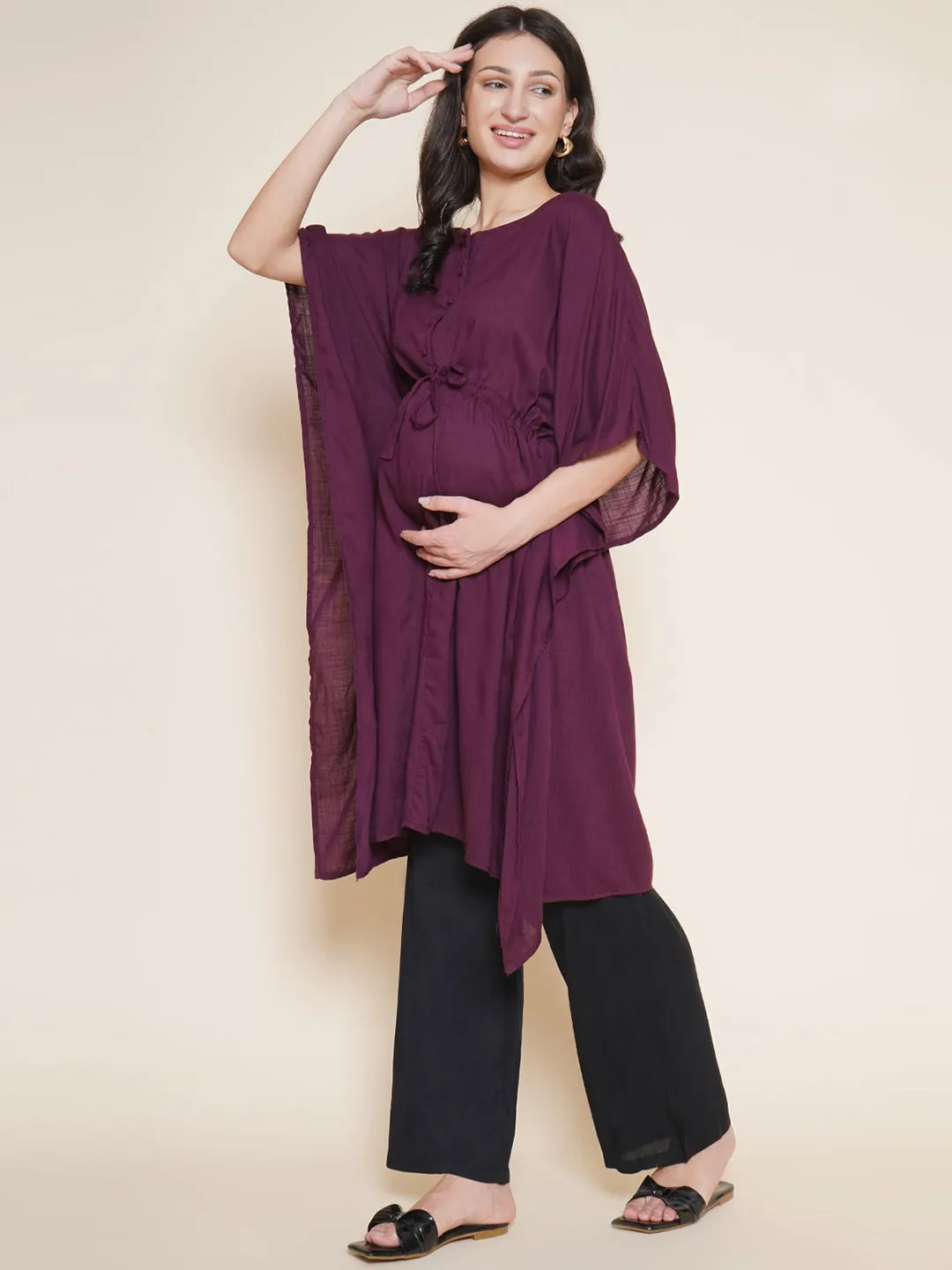 Purple Maternity and Nursing Kaftaan Set with Black Trousers