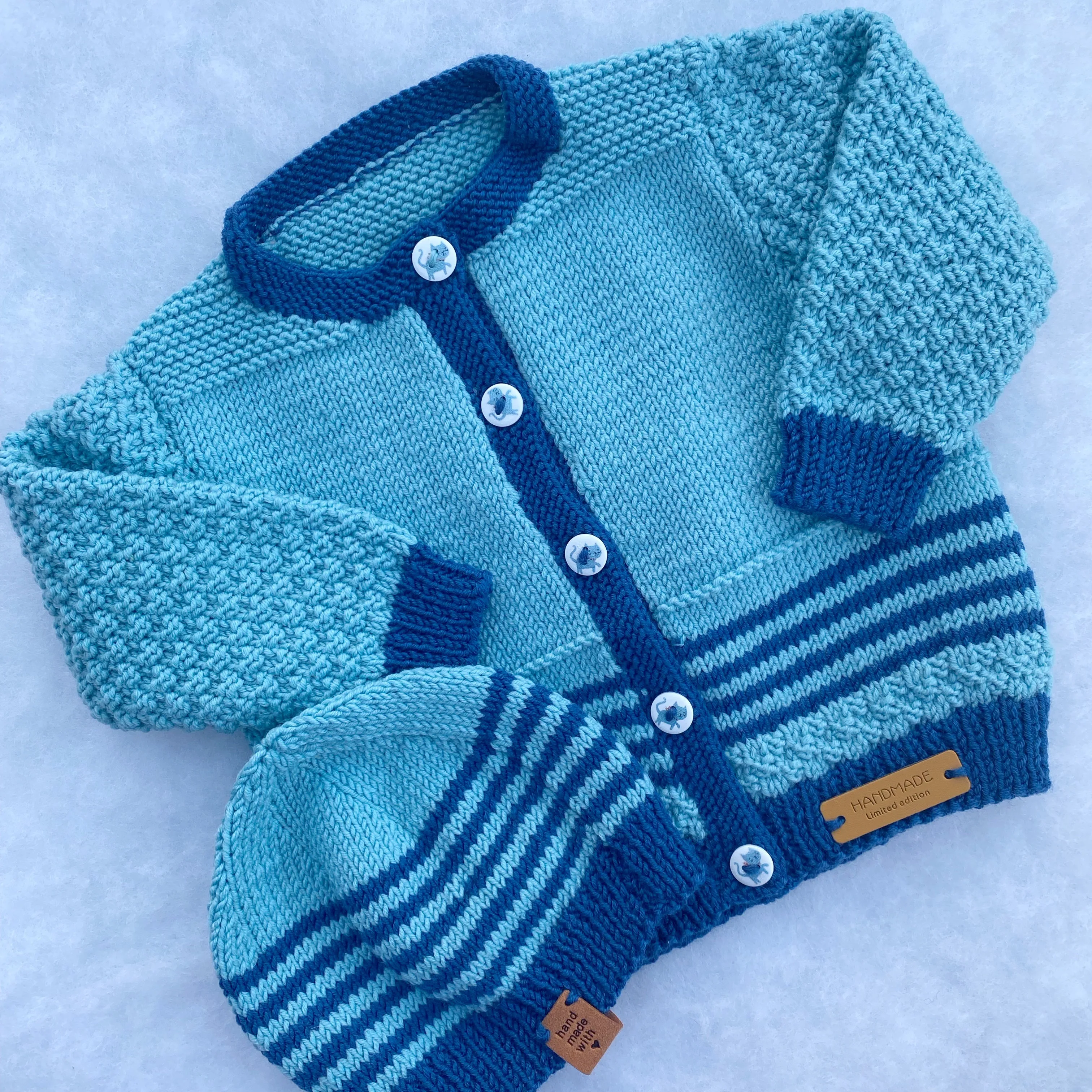 "Inspiration Range" - Classic hand knit merino baby cardigan and hat set (9-12m)