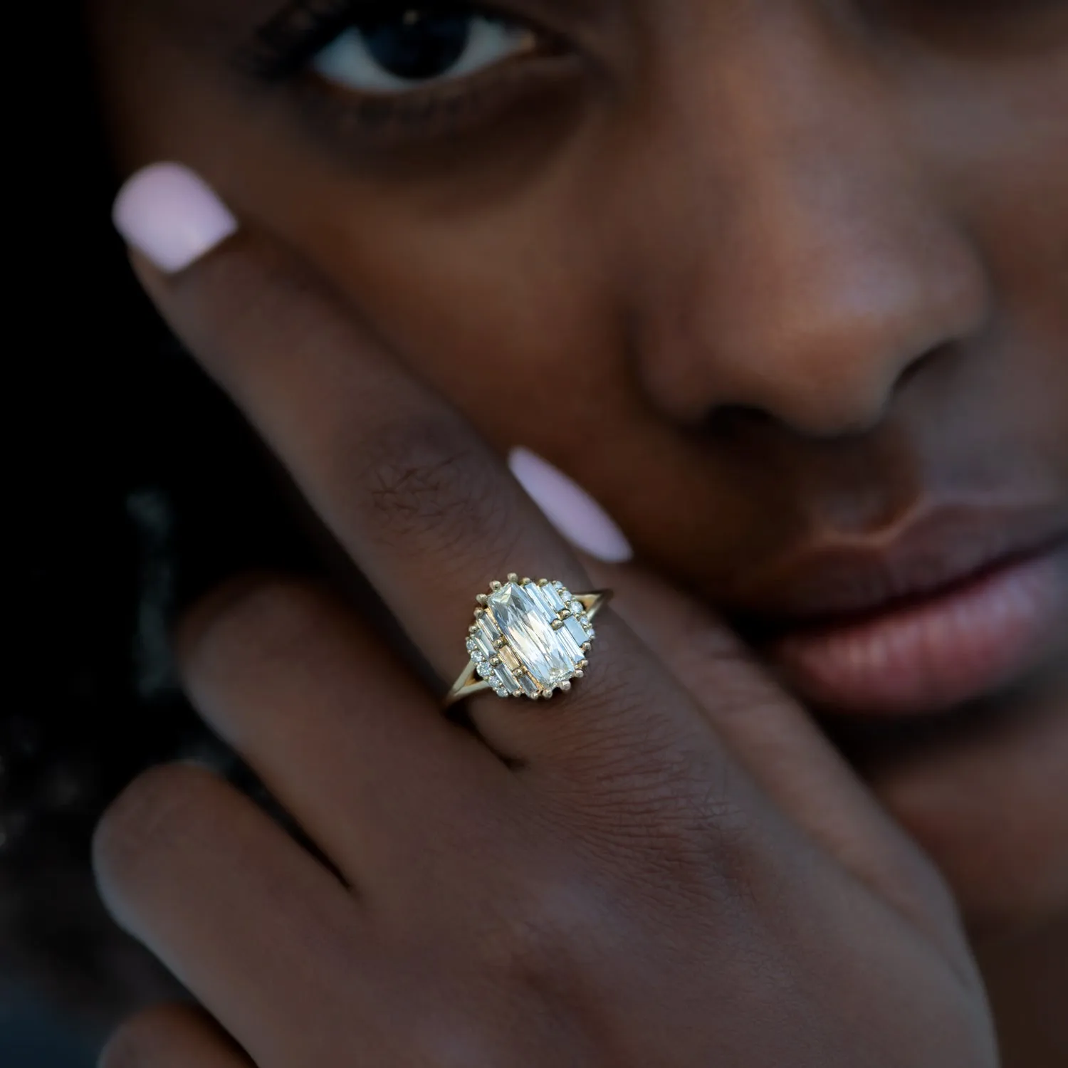 Rectangular Rose Cut Diamond Engagement Ring with Grey Baguette Diamonds