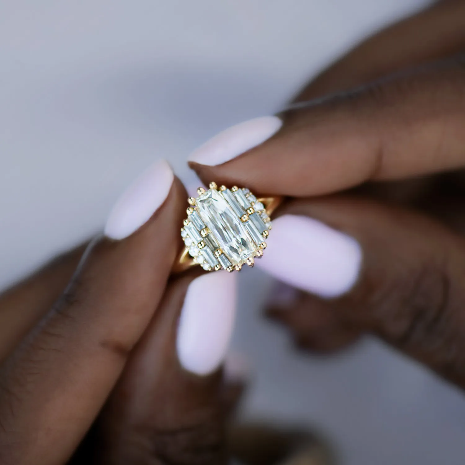 Rectangular Rose Cut Diamond Engagement Ring with Grey Baguette Diamonds