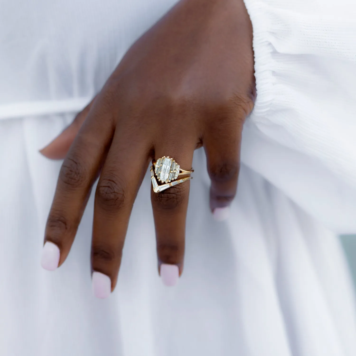 Rectangular Rose Cut Diamond Engagement Ring with Grey Baguette Diamonds