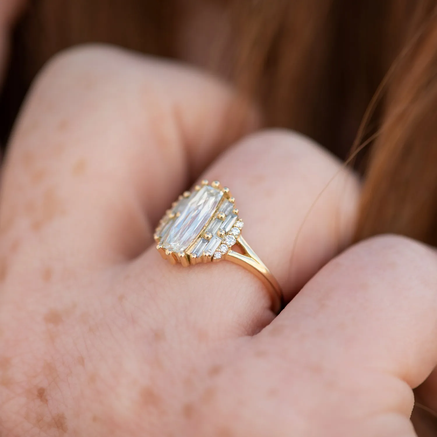 Rectangular Rose Cut Diamond Engagement Ring with Grey Baguette Diamonds