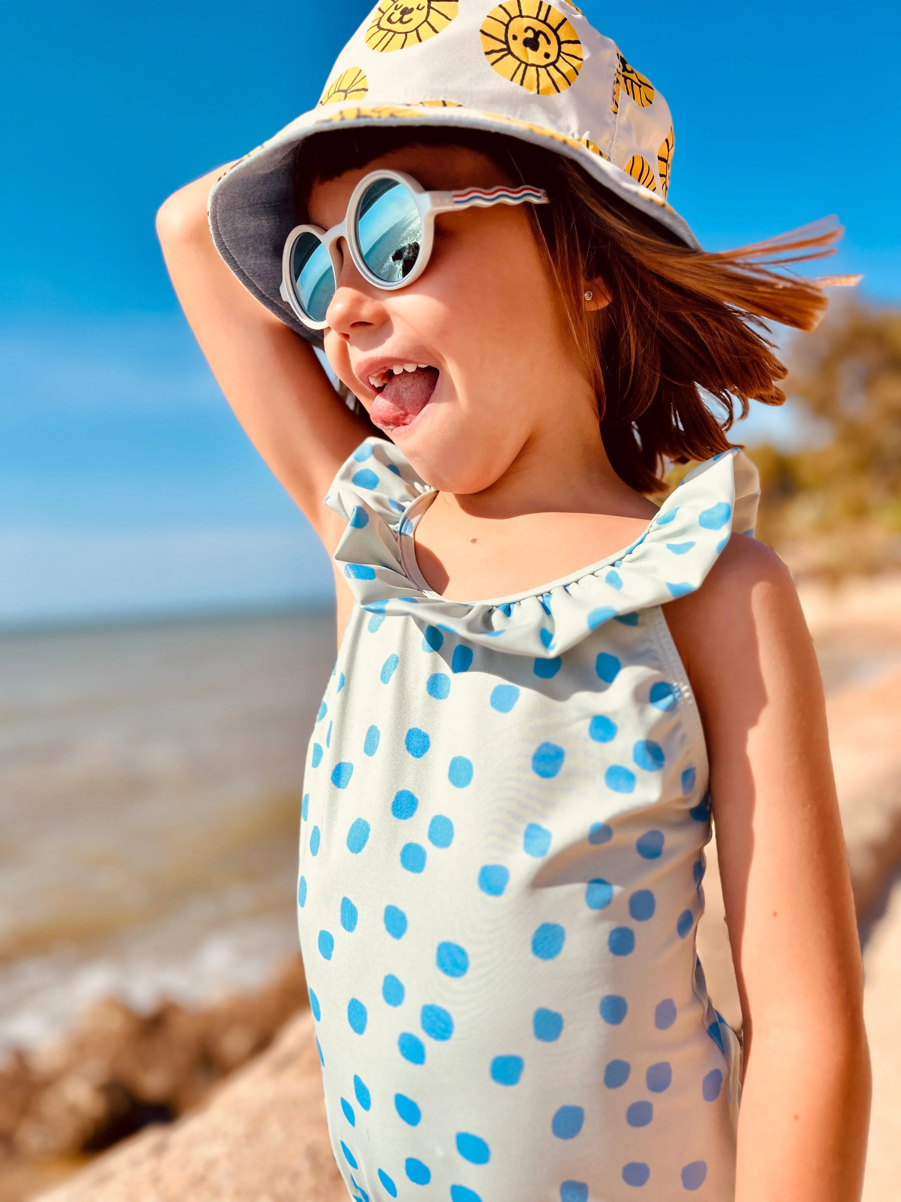 Recycled Polyester Sea Foam Dotted Ruffle Kid Swimsuit