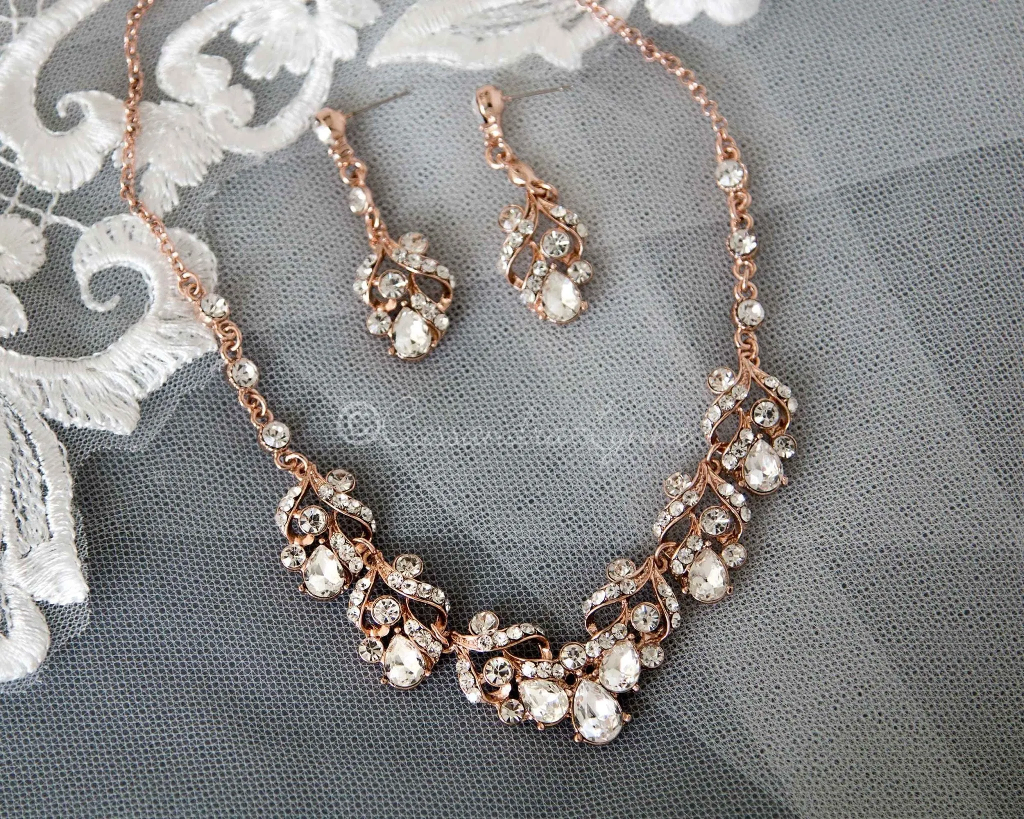 Rose Gold Bridal Necklace Set of Pear Crystals