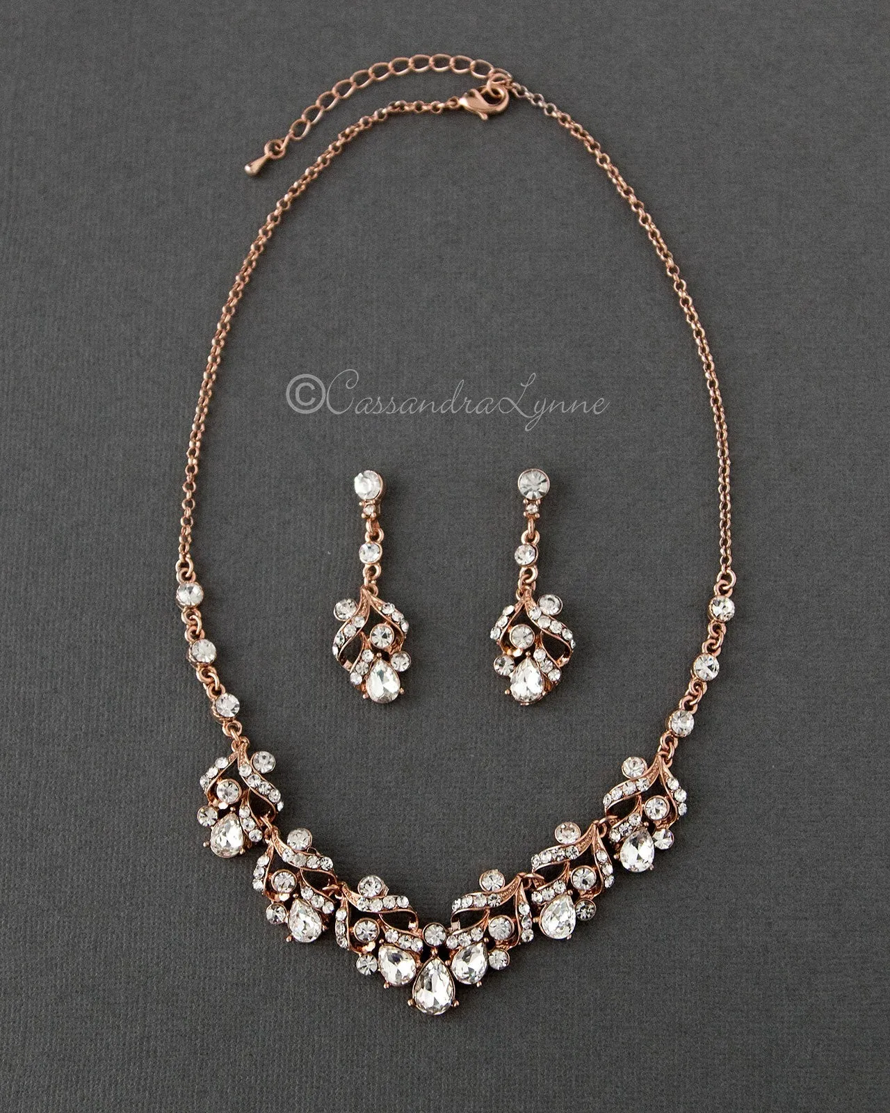 Rose Gold Bridal Necklace Set of Pear Crystals