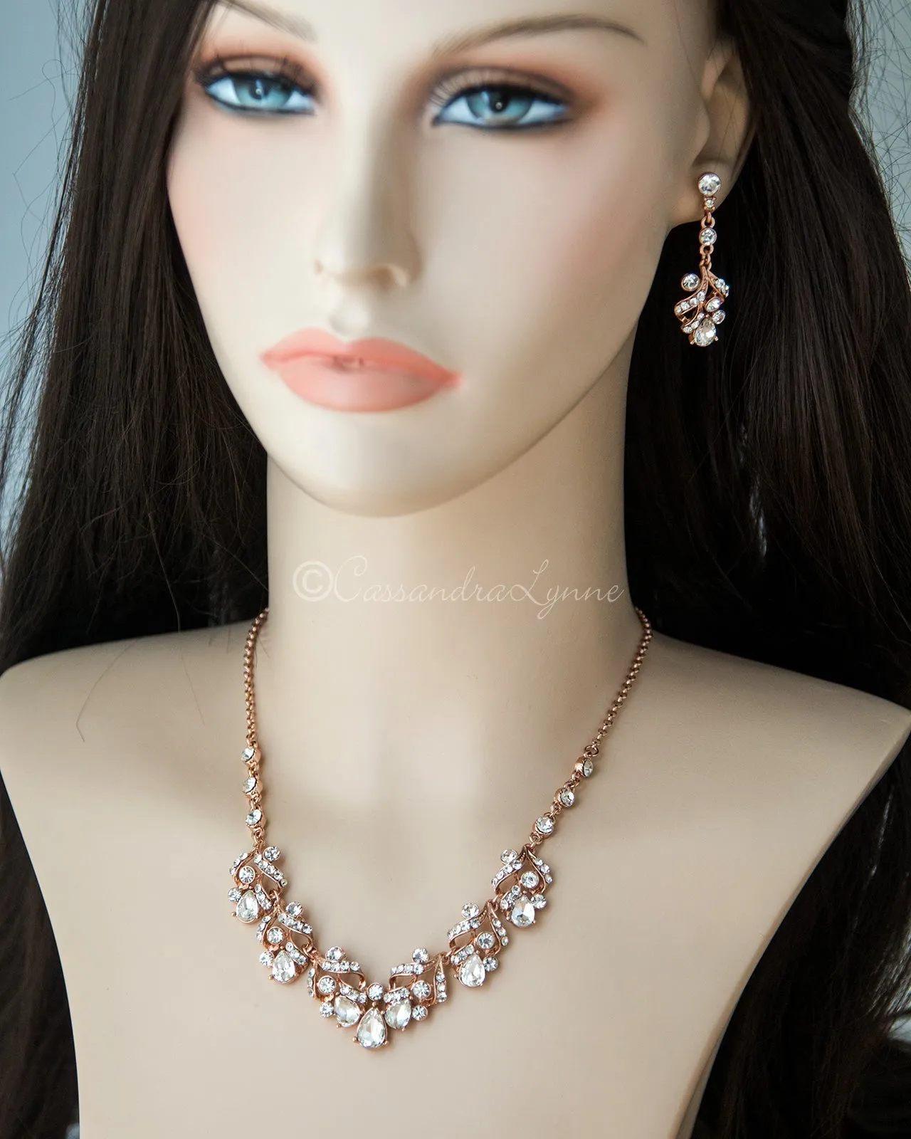 Rose Gold Bridal Necklace Set of Pear Crystals