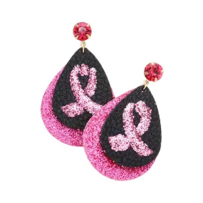 Round Stone Bling Pink Ribbon Accented Teardrop Earrings