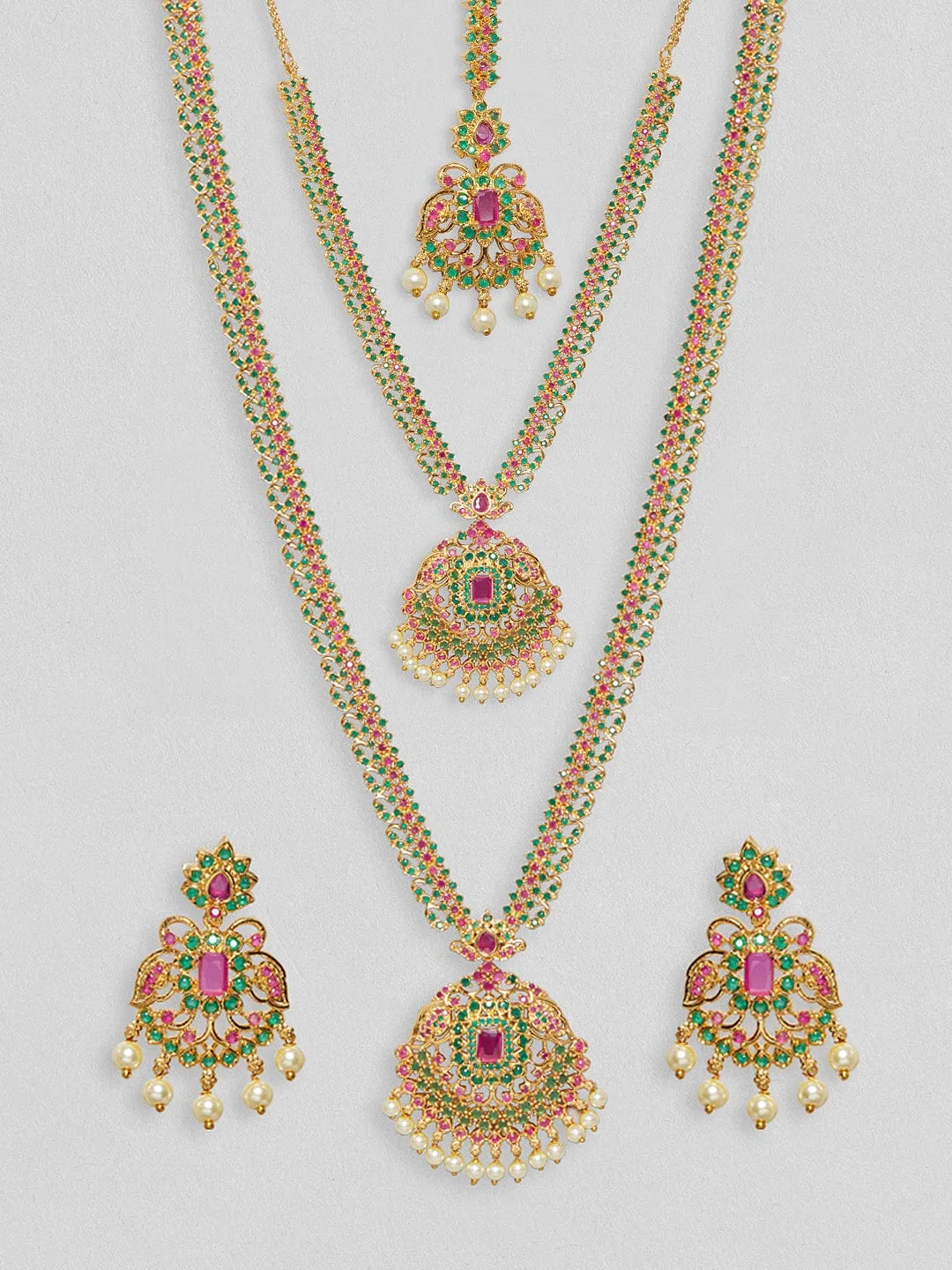 Rubans 24K Gold Plated Layered Necklace Set With Studded Green & Pink AD