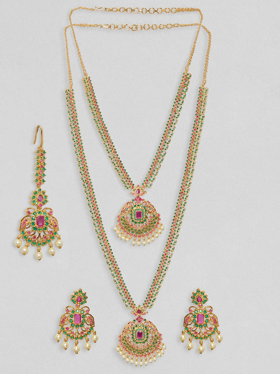 Rubans 24K Gold Plated Layered Necklace Set With Studded Green & Pink AD