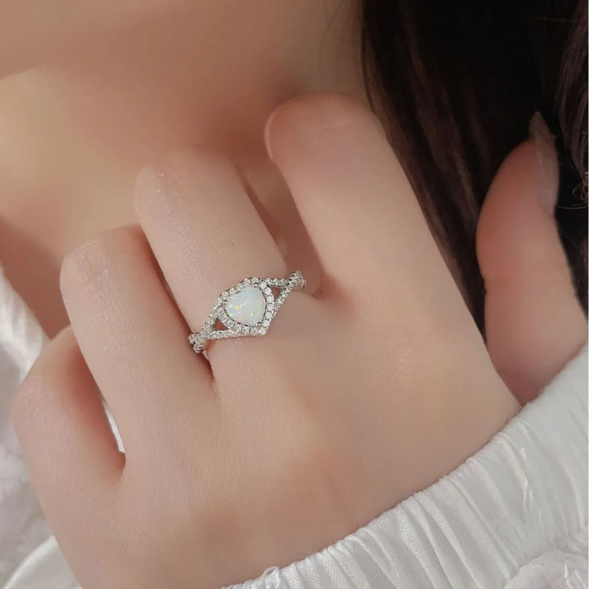 S925 Silver CZ Diamond Say Love You Heart Shaped Opal Ring