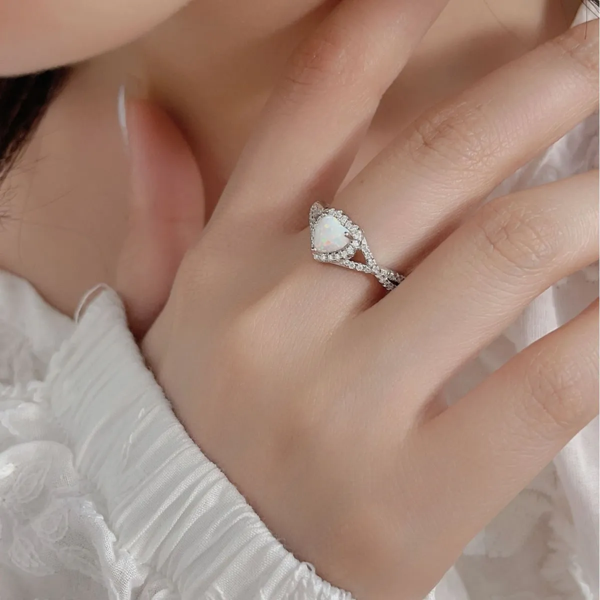 S925 Silver CZ Diamond Say Love You Heart Shaped Opal Ring