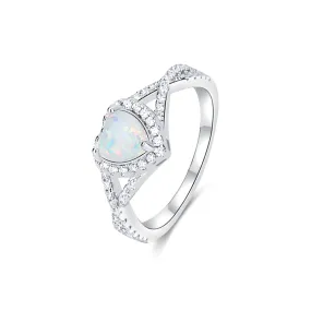 S925 Silver CZ Diamond Say Love You Heart Shaped Opal Ring