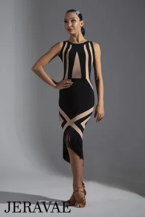 Sleeveless Black and Nude Color Block Latin Practice Dress with Asymmetrical Skirt and Fringe Hem PRA 572