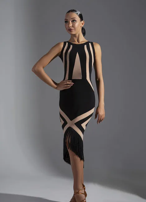 Sleeveless Black and Nude Color Block Latin Practice Dress with Asymmetrical Skirt and Fringe Hem PRA 572