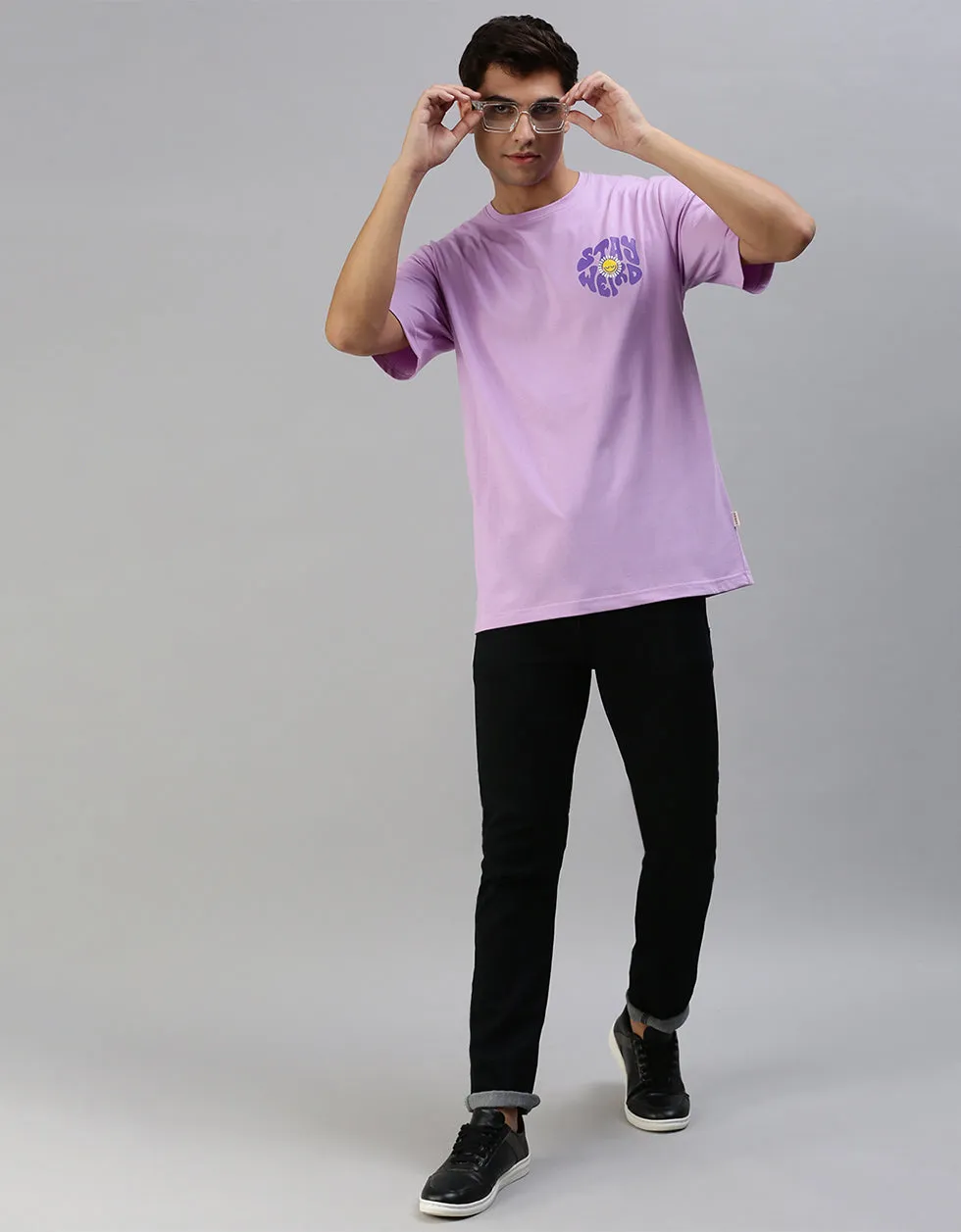 Stay Weird Lilac Oversized Pocket Graphic Printed Tshirt