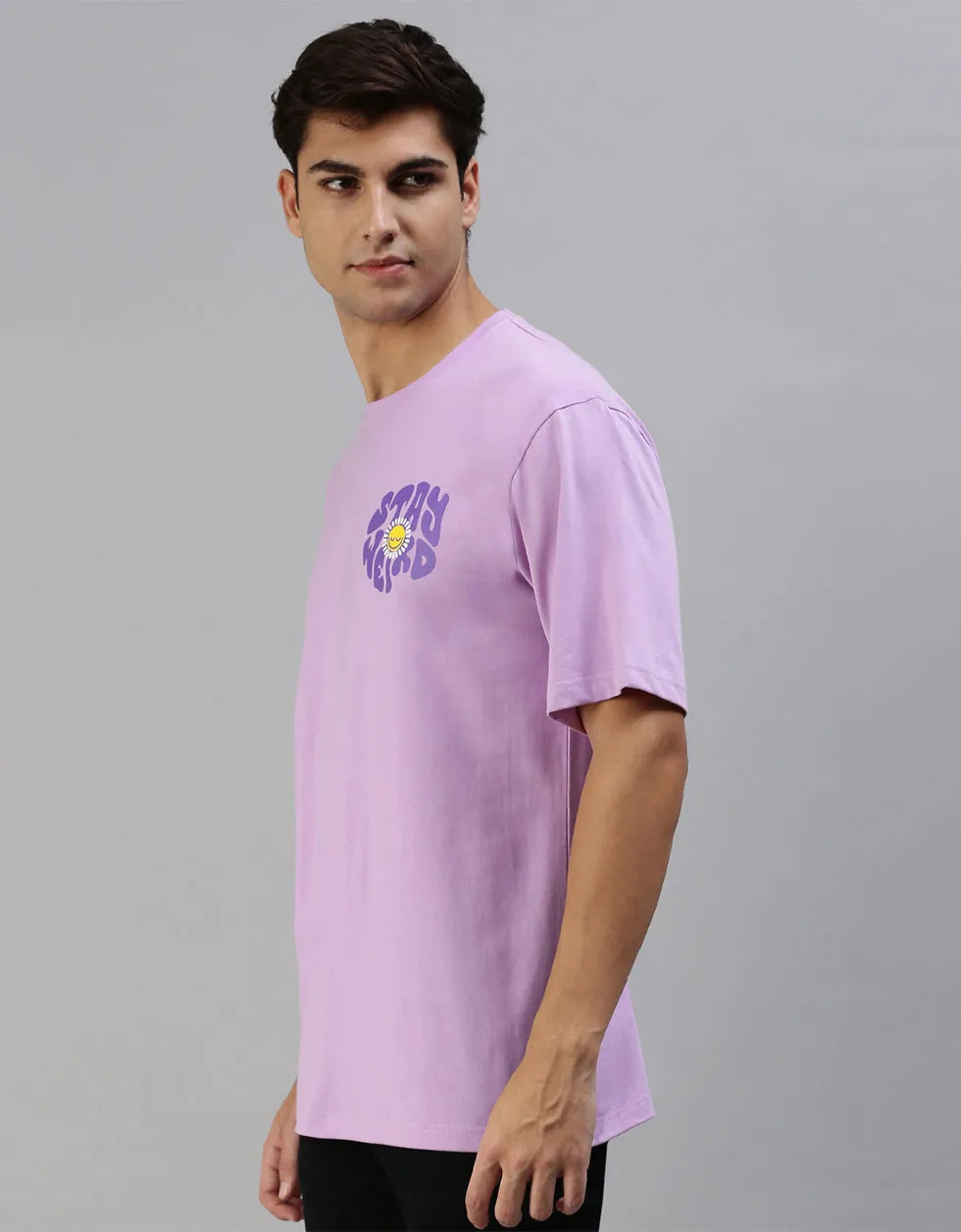 Stay Weird Lilac Oversized Pocket Graphic Printed Tshirt