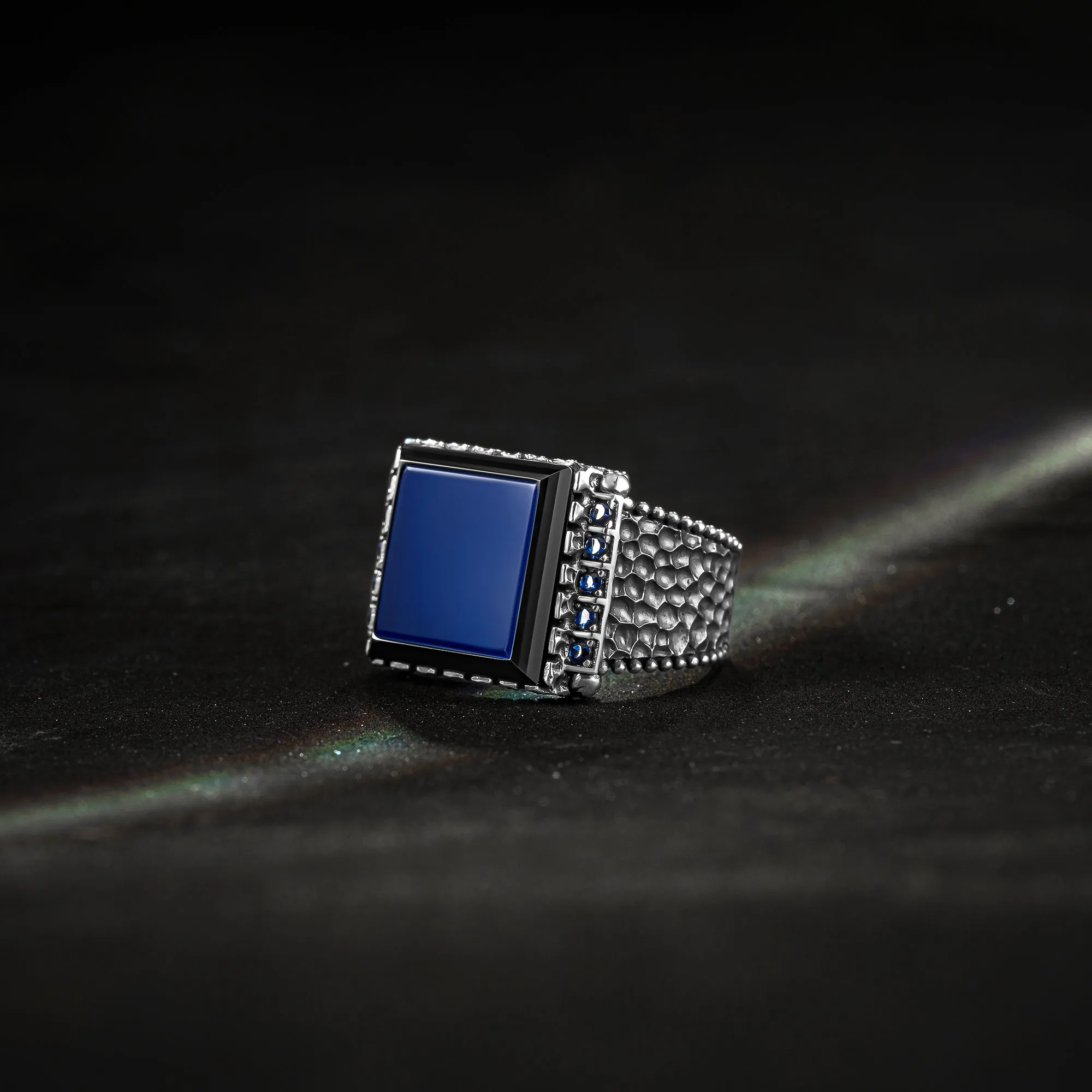 THE HARPY EAGLE - Handcrafted Premium Quality Silver Ring with Square Blue Agate and Onyx Stone and Blue Zircons