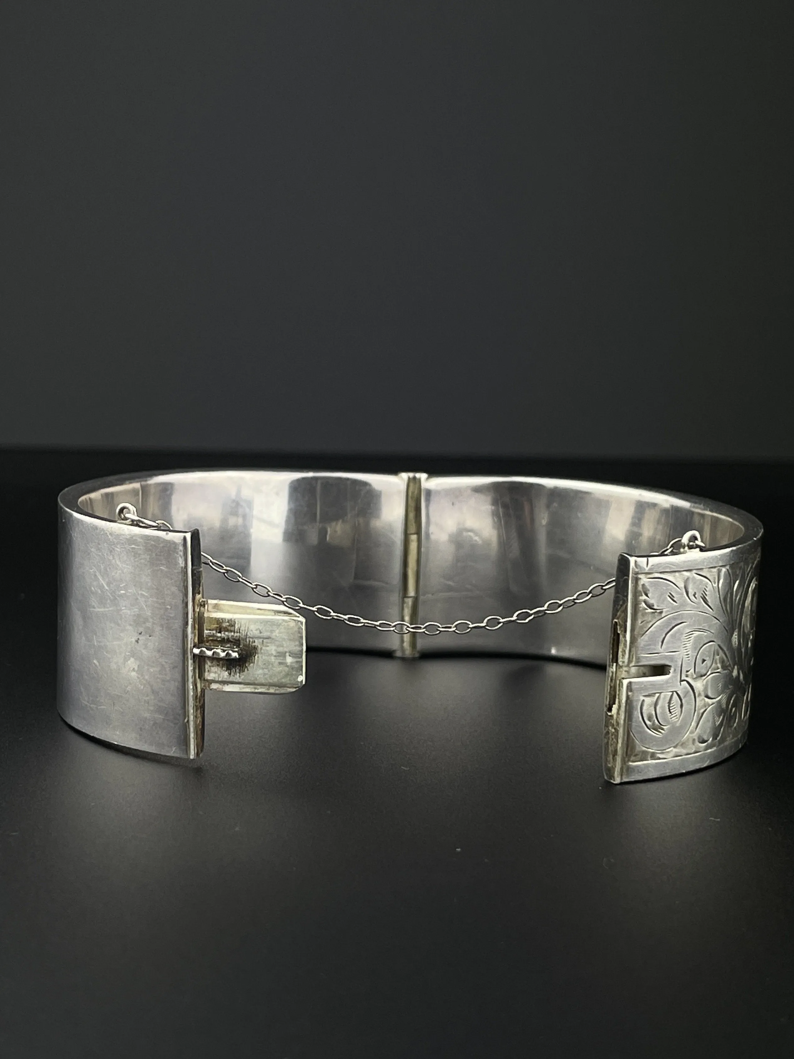 Victorian Engraved Silver Wide Cuff Bangle Bracelet