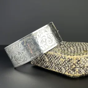 Victorian Engraved Silver Wide Cuff Bangle Bracelet