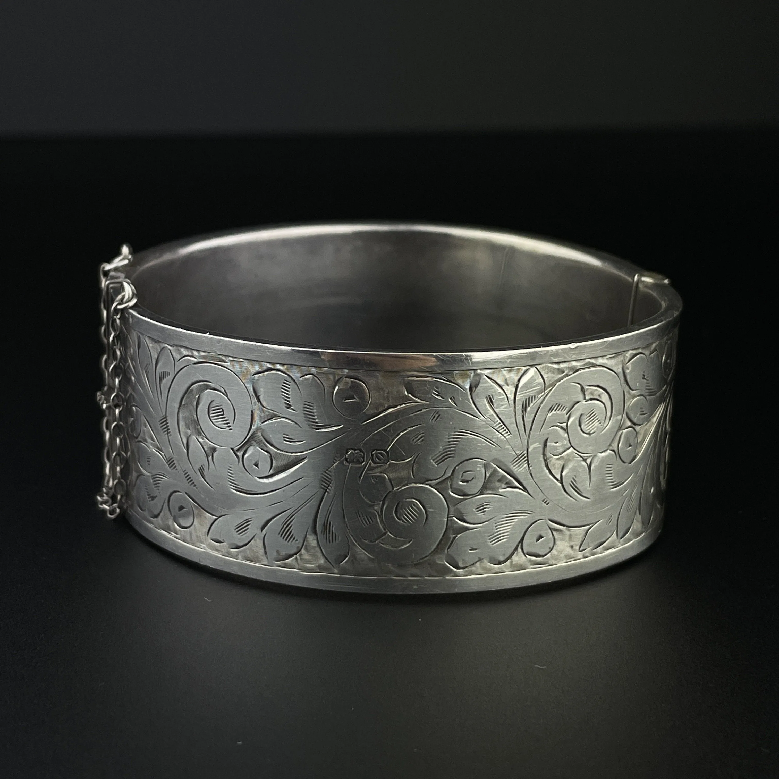 Victorian Engraved Silver Wide Cuff Bangle Bracelet