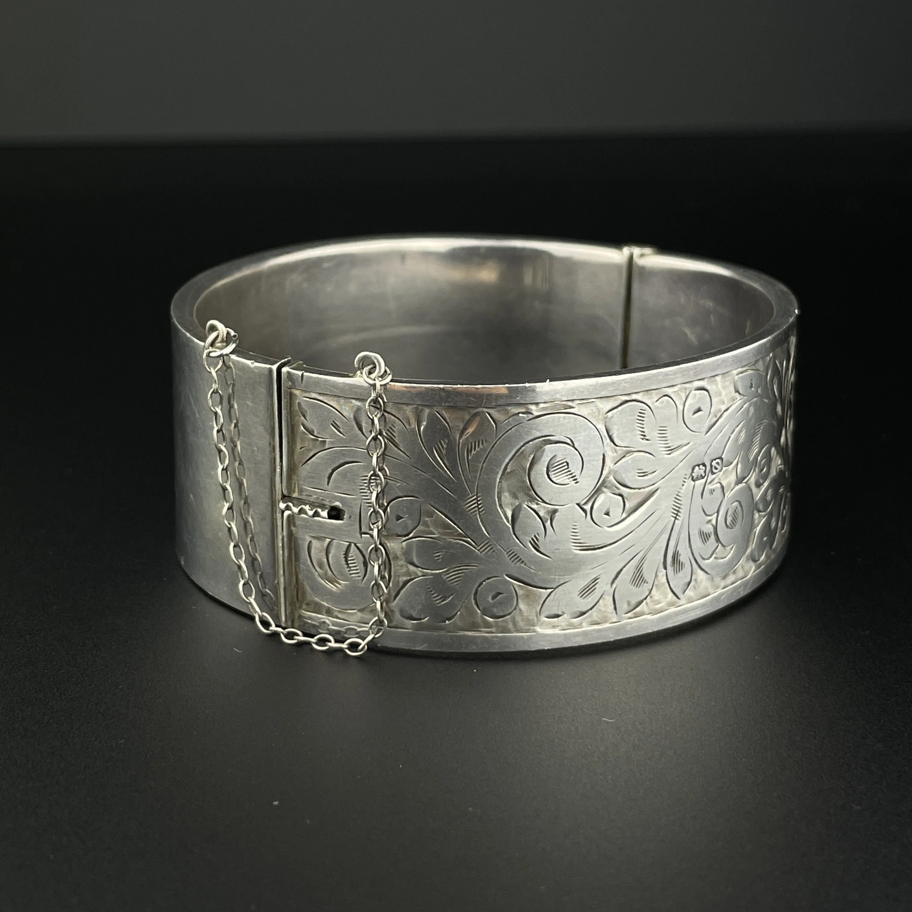 Victorian Engraved Silver Wide Cuff Bangle Bracelet