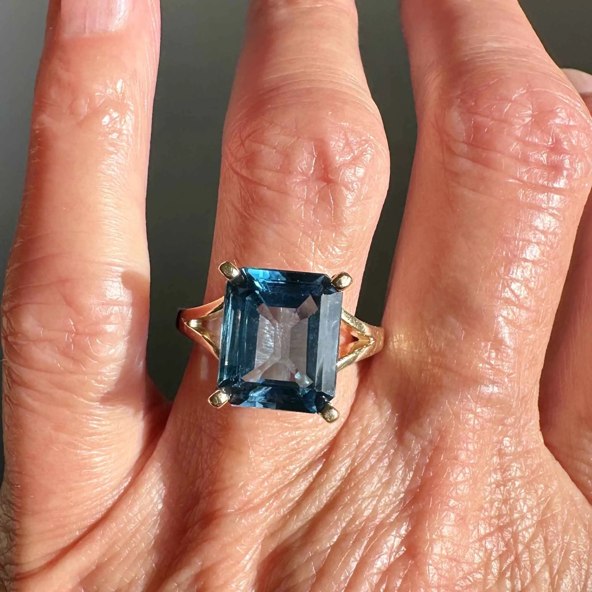 Vintage 8 Carat Step Cut London Blue Topaz Ring in Gold